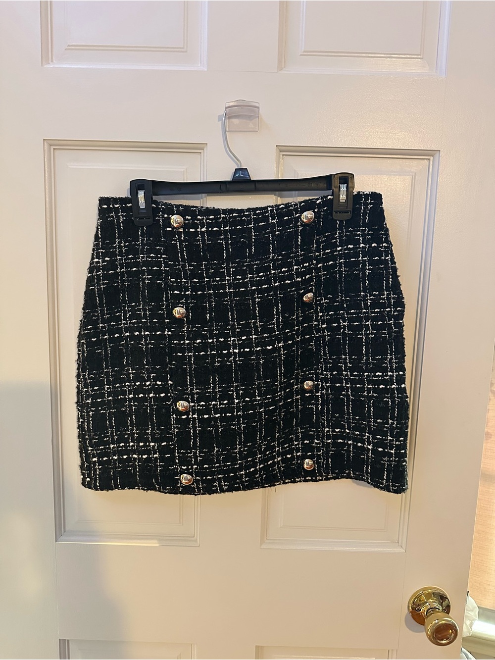 SHEIN Black & White Tweed Mini Skirt with Gold Buttons